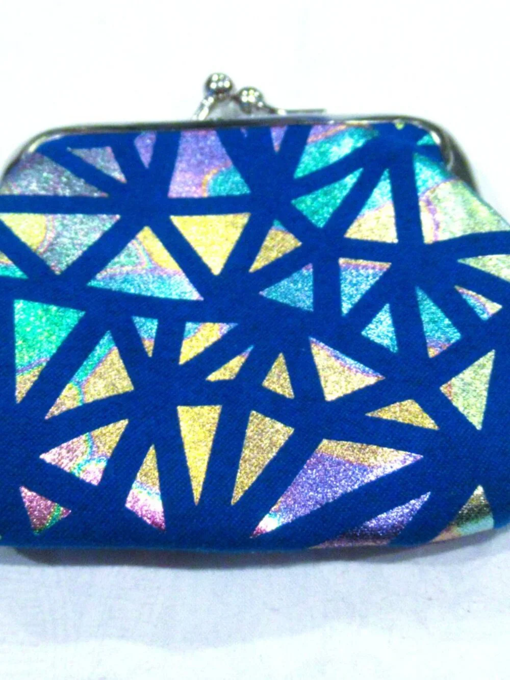 Blue and silver iridescent coin purse, geometric pattern